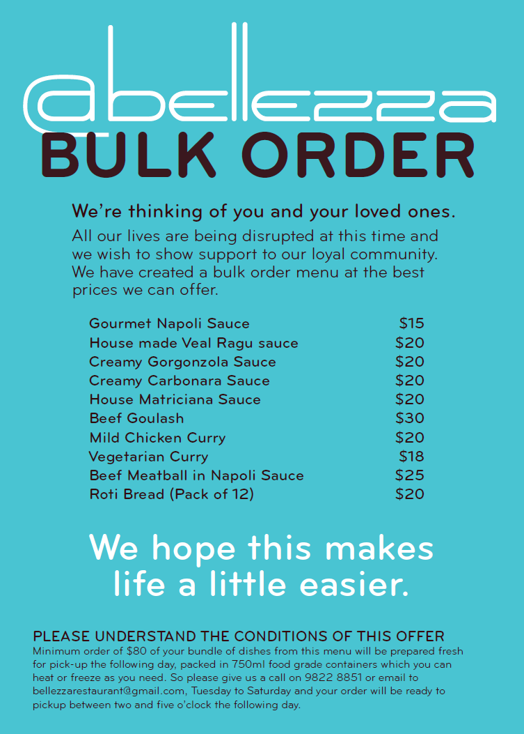 BULK BUY MENU Bellezza Restaurant